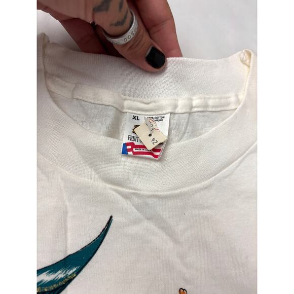 VTG 90s Hand Painted Floral T-Shirt White Single Stitch Art Tee Y2K X-Large - Picture 13 of 16